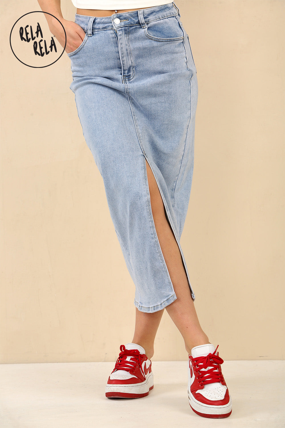 Stretchy Denim Maxi Skirt with Split Front in Light Blue