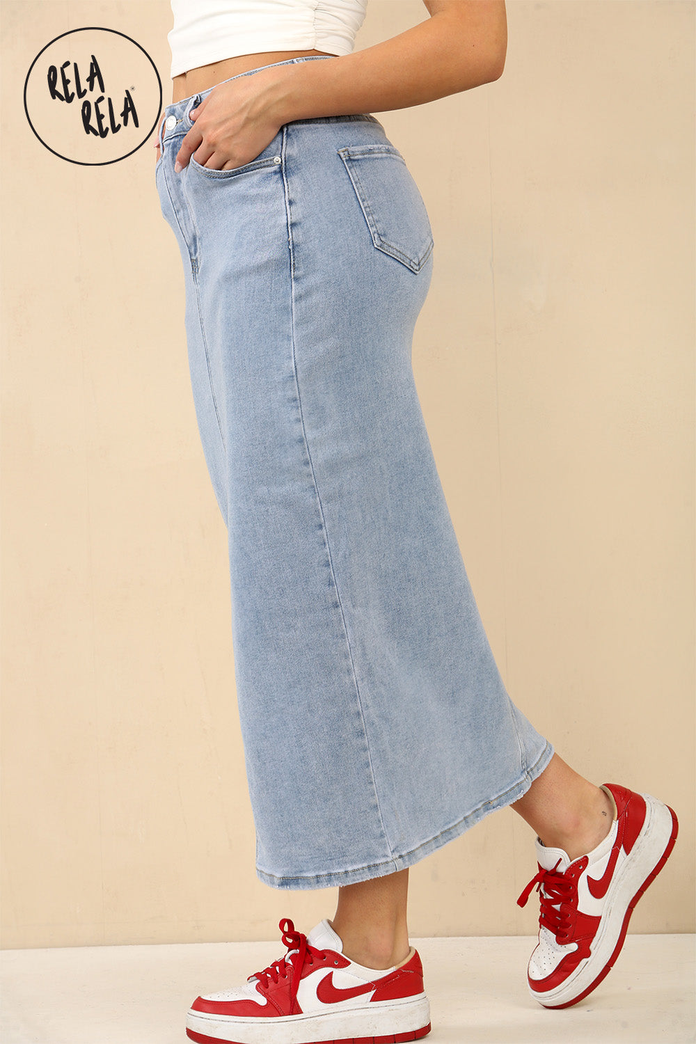 Stretchy Denim Maxi Skirt with Split Front in Light Blue