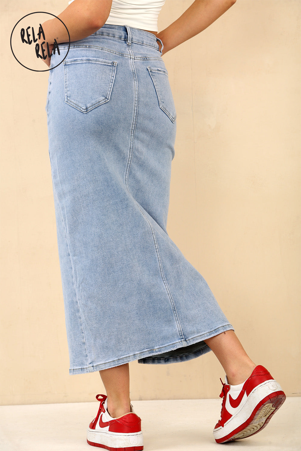 Stretchy Denim Maxi Skirt with Split Front in Light Blue