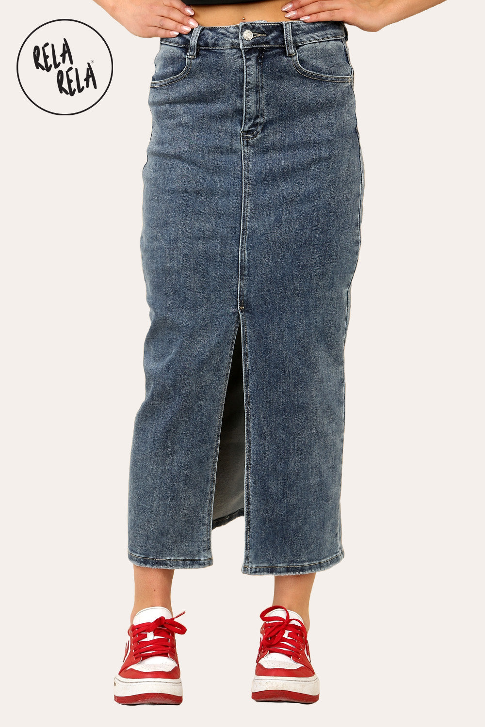 Stretchy Denim Maxi Skirt with Split Front in Denim Blue