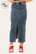 Stretchy Denim Maxi Skirt with Split Front in Denim Blue