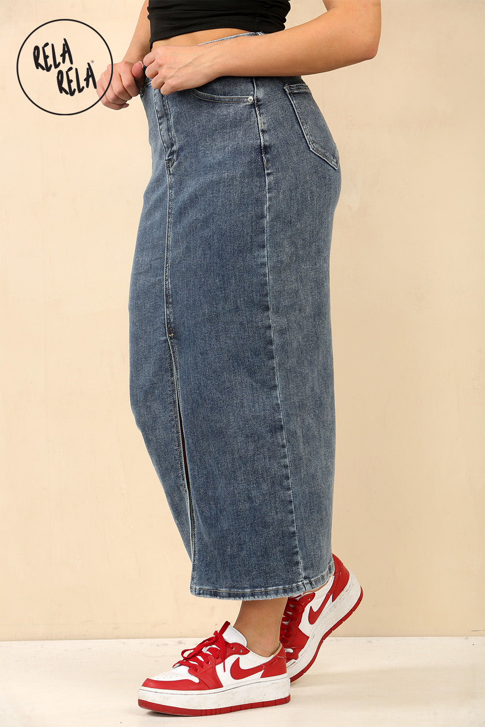 Stretchy Denim Maxi Skirt with Split Front in Denim Blue