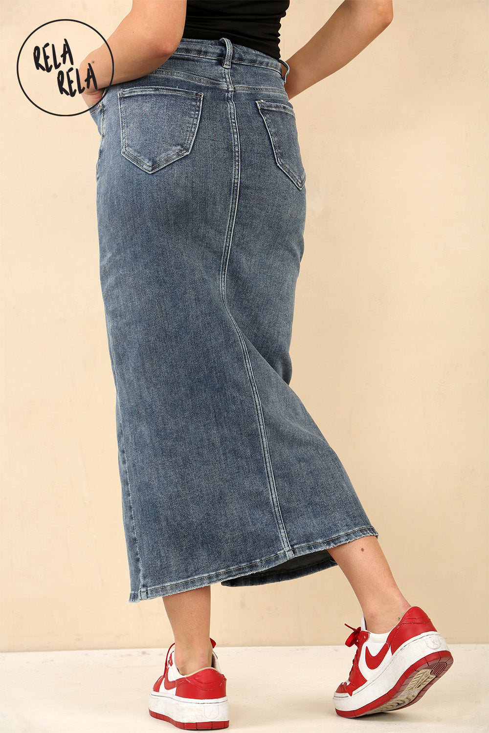 Stretchy Denim Maxi Skirt with Split Front in Denim Blue