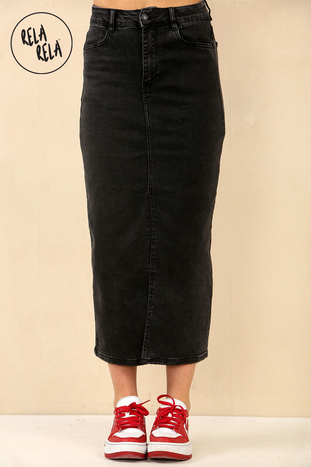Stretchy Denim Maxi Skirt with Split Front in Black