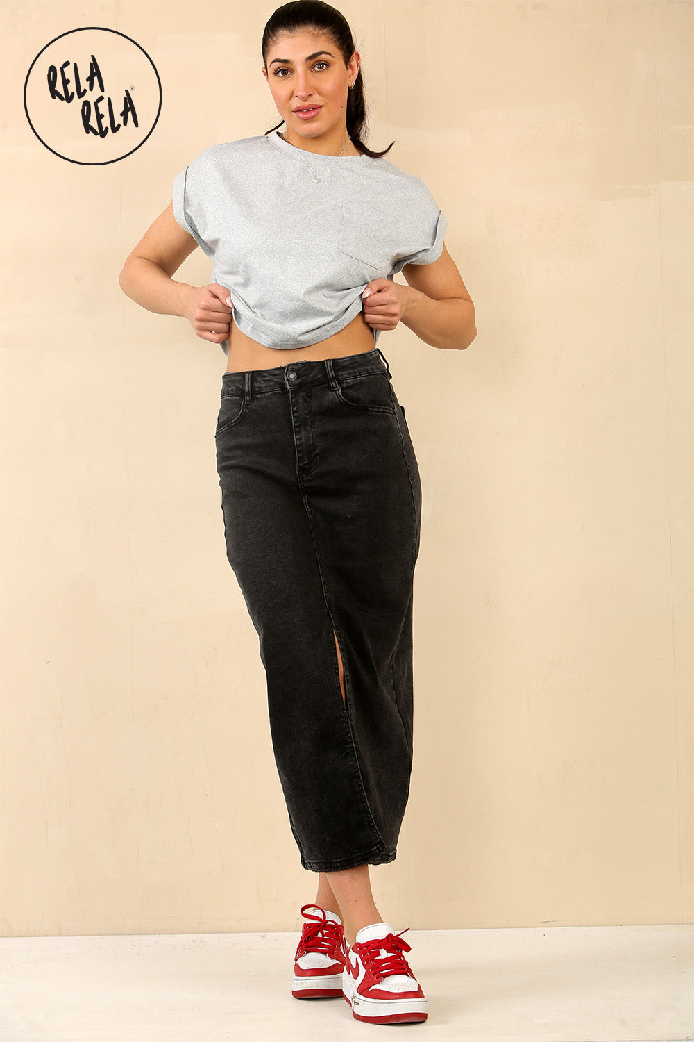 Stretchy Denim Maxi Skirt with Split Front in Black