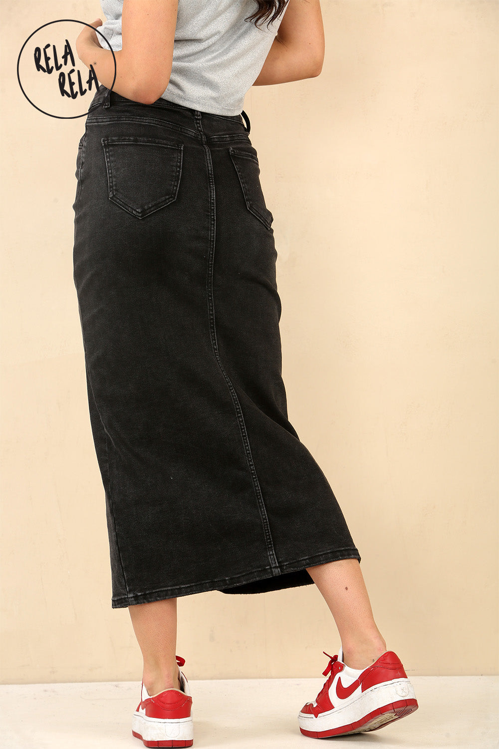 Stretchy Denim Maxi Skirt with Split Front in Black
