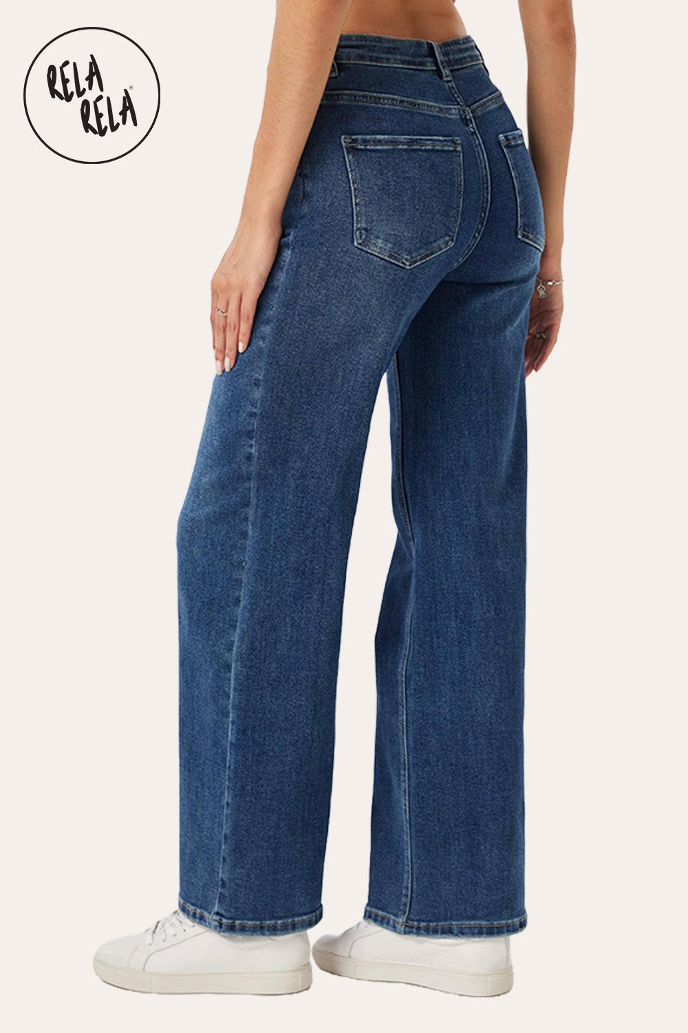 Stretchy V-Waist Wide Leg Jeans with Button Detail in Denim Blue