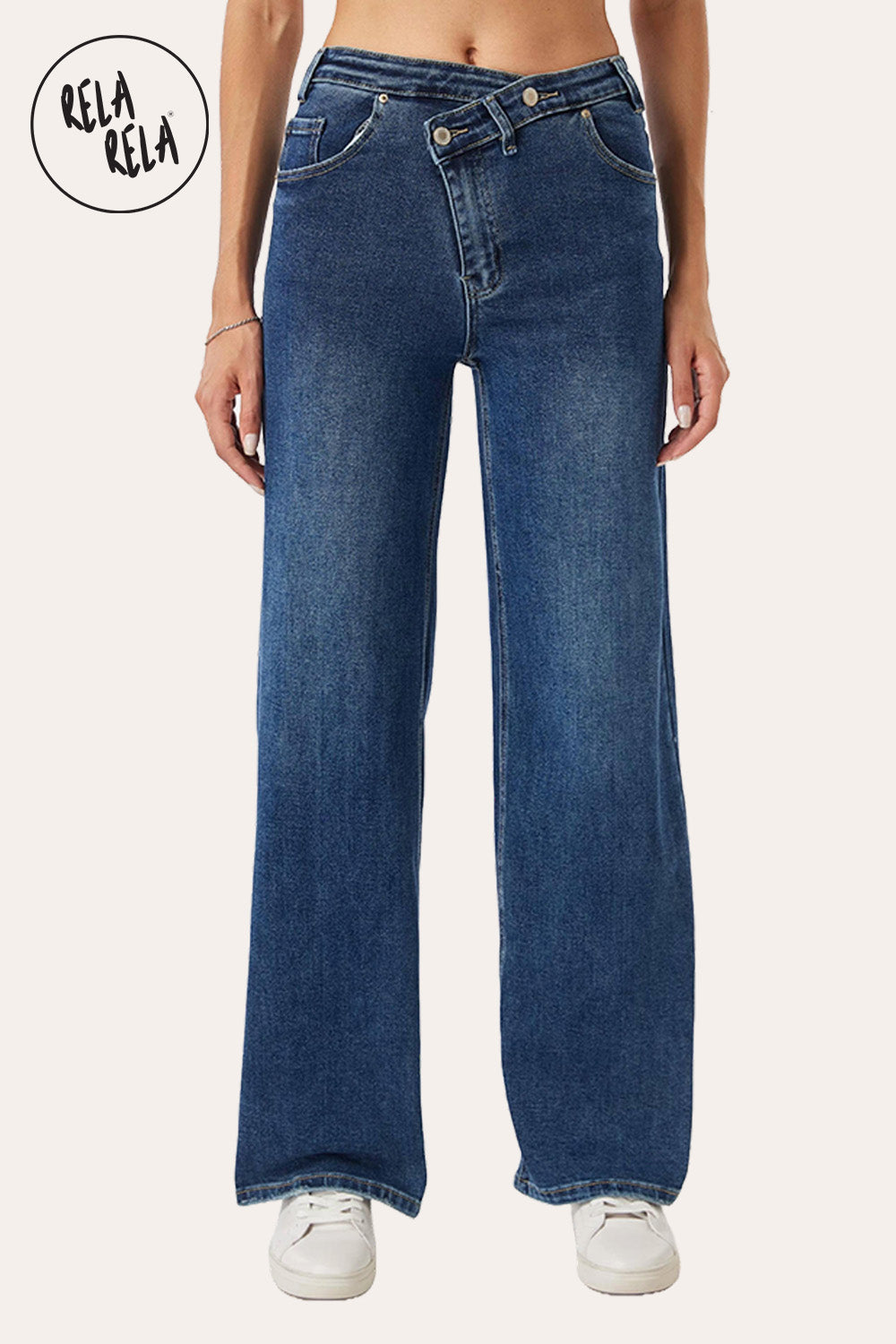 Stretchy V-Waist Wide Leg Jeans with Button Detail in Denim Blue