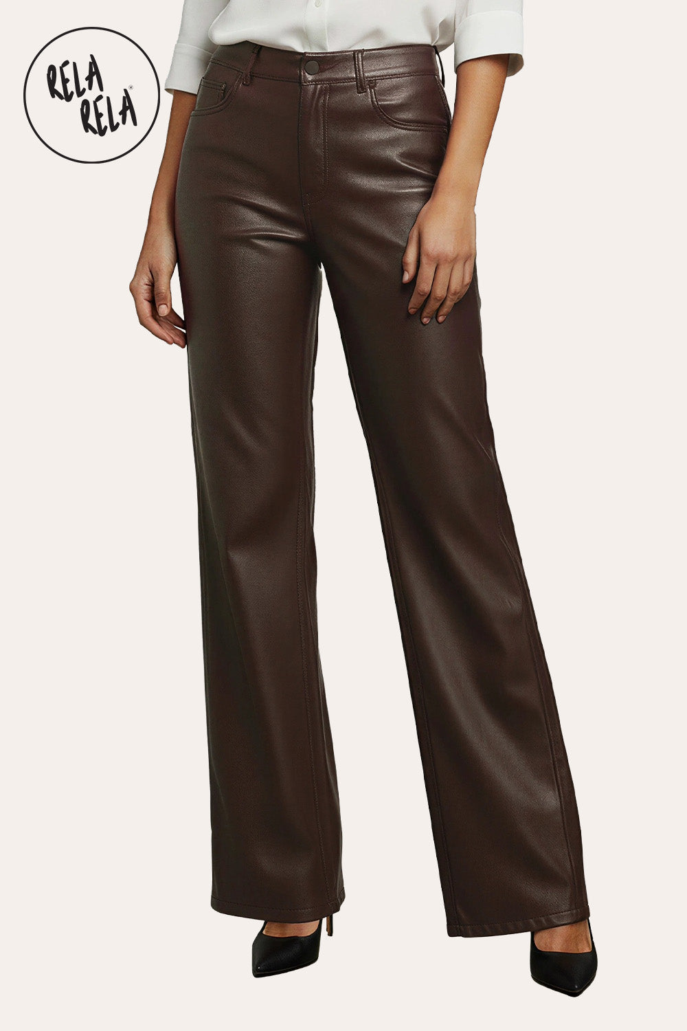 Faux Leather High Waist Dad Fit Wide Leg Trousers in Chocolate