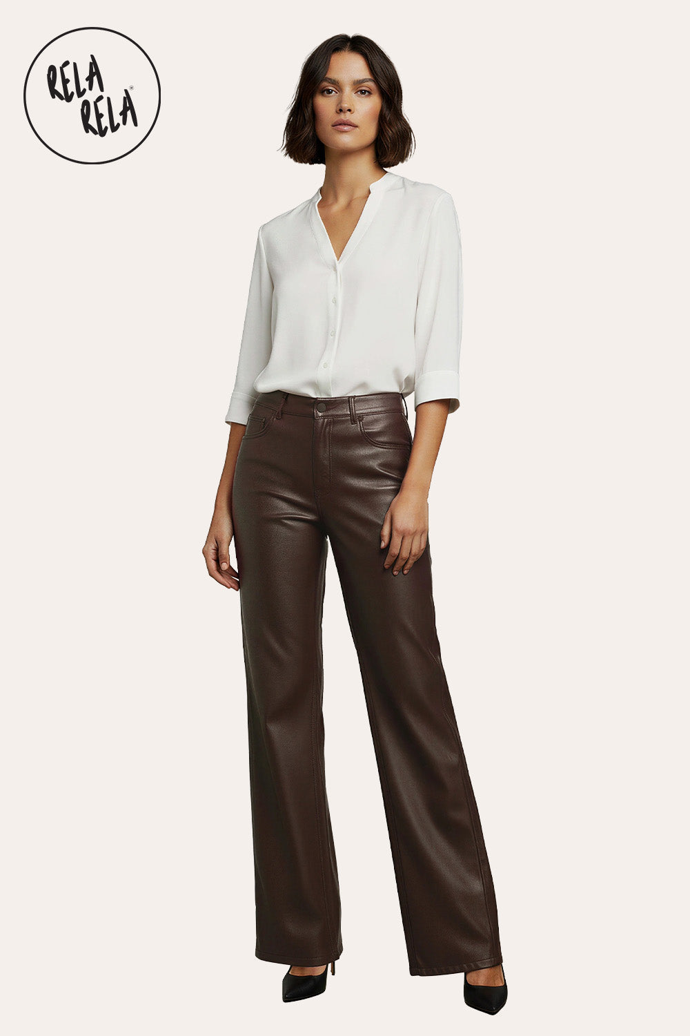 Faux Leather High Waist Dad Fit Wide Leg Trousers in Chocolate