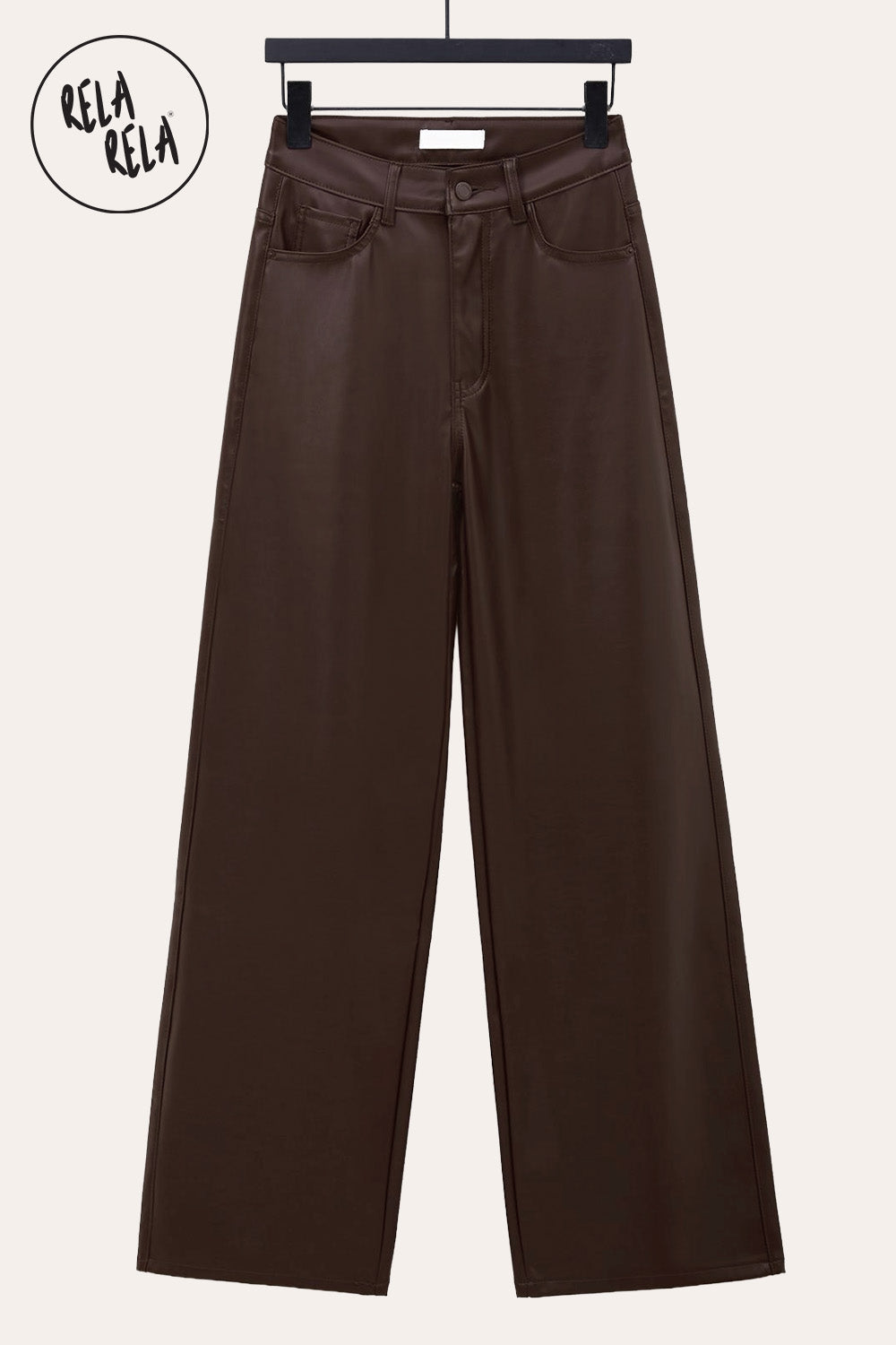 Faux Leather High Waist Dad Fit Wide Leg Trousers in Chocolate