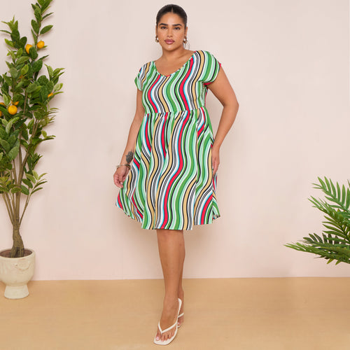 Abstract Striped V-Neck Short Sleeve Oversized Dress