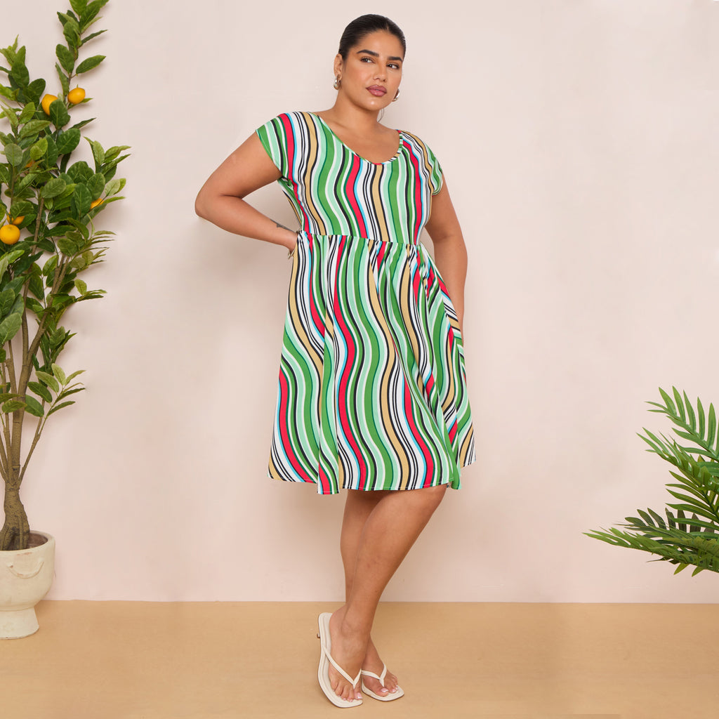 Abstract Striped V-Neck Short Sleeve Oversized Dress
