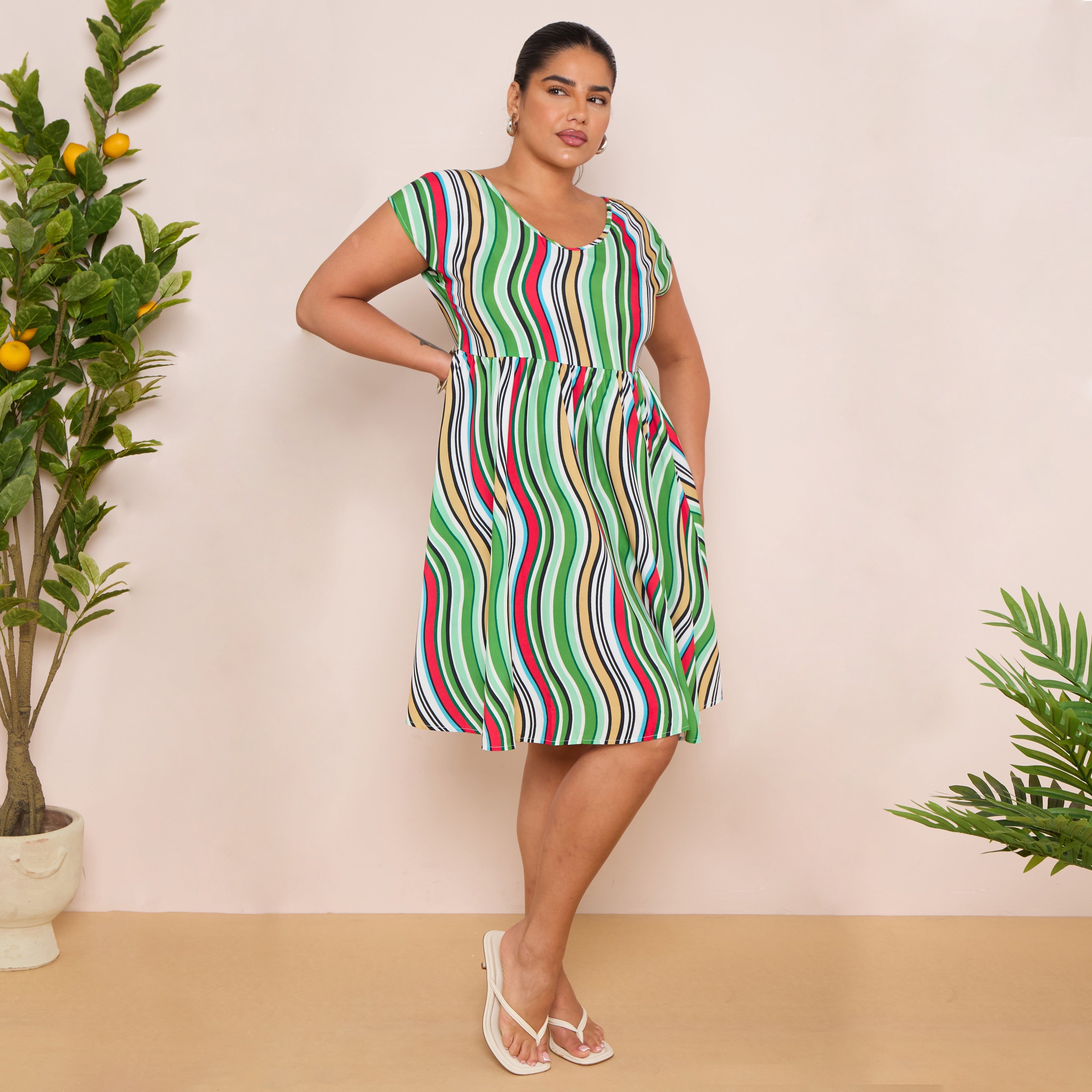 Abstract Striped V-Neck Short Sleeve Oversized Dress