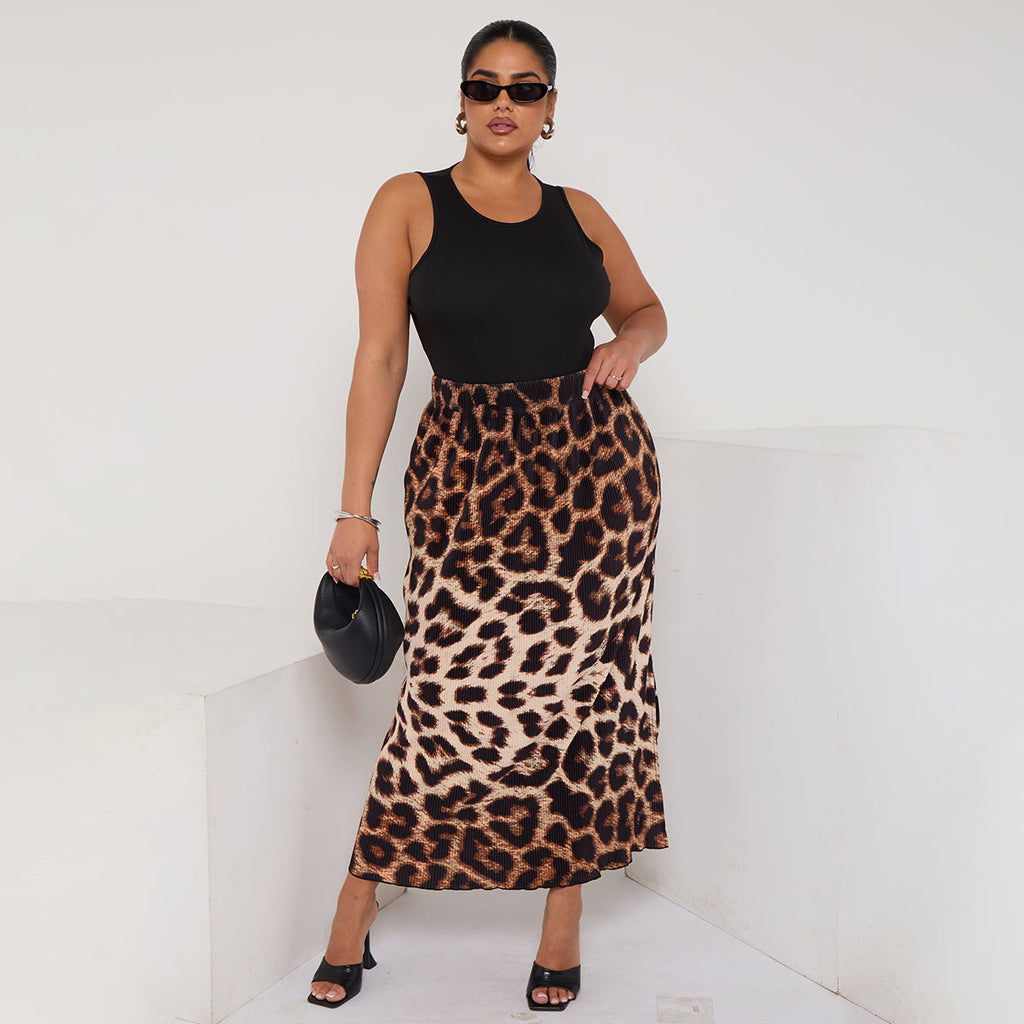 Retro Brown Leopard Print Ripple Pleated Skirt