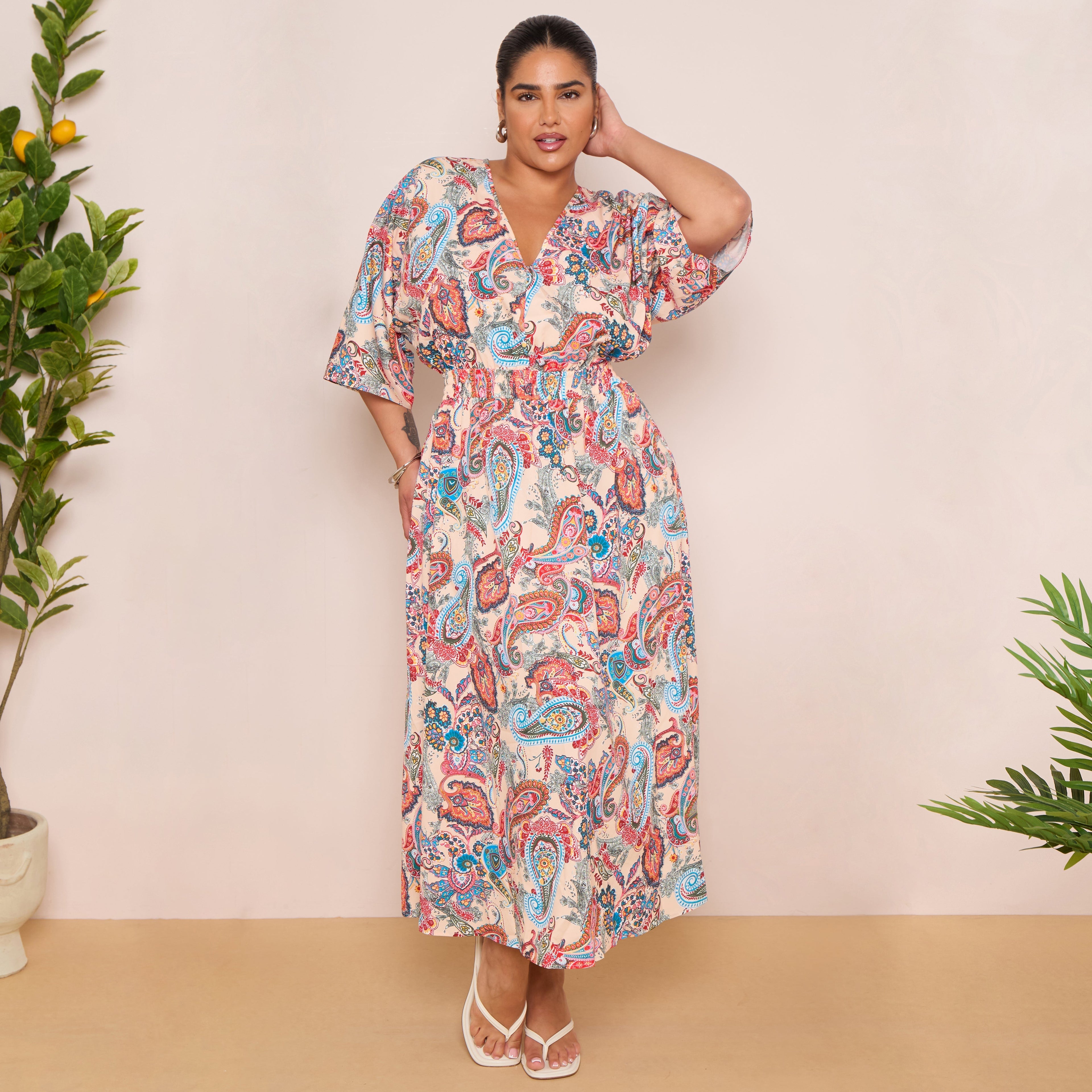 Long Sleeve Tie Back Maxi Dress in Paisley Print