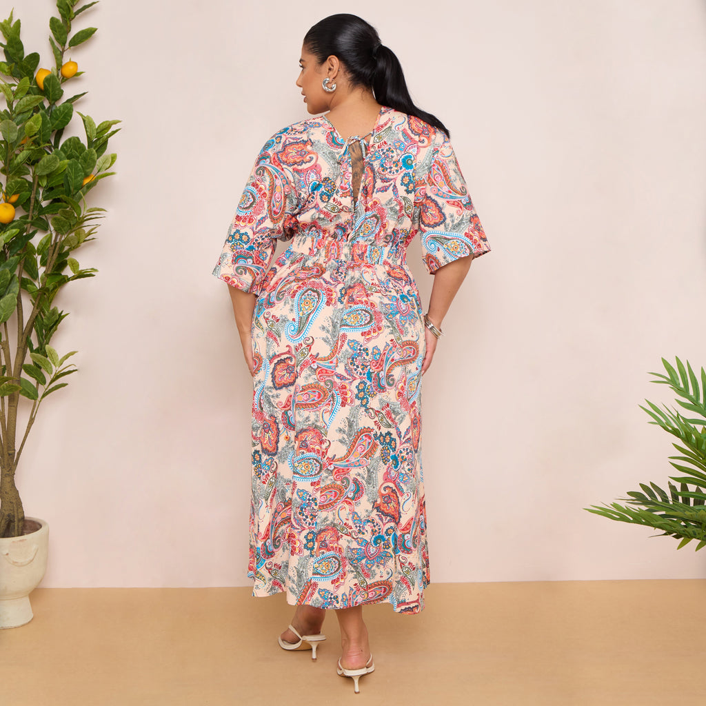 Long Sleeve Tie Back Maxi Dress in Paisley Print