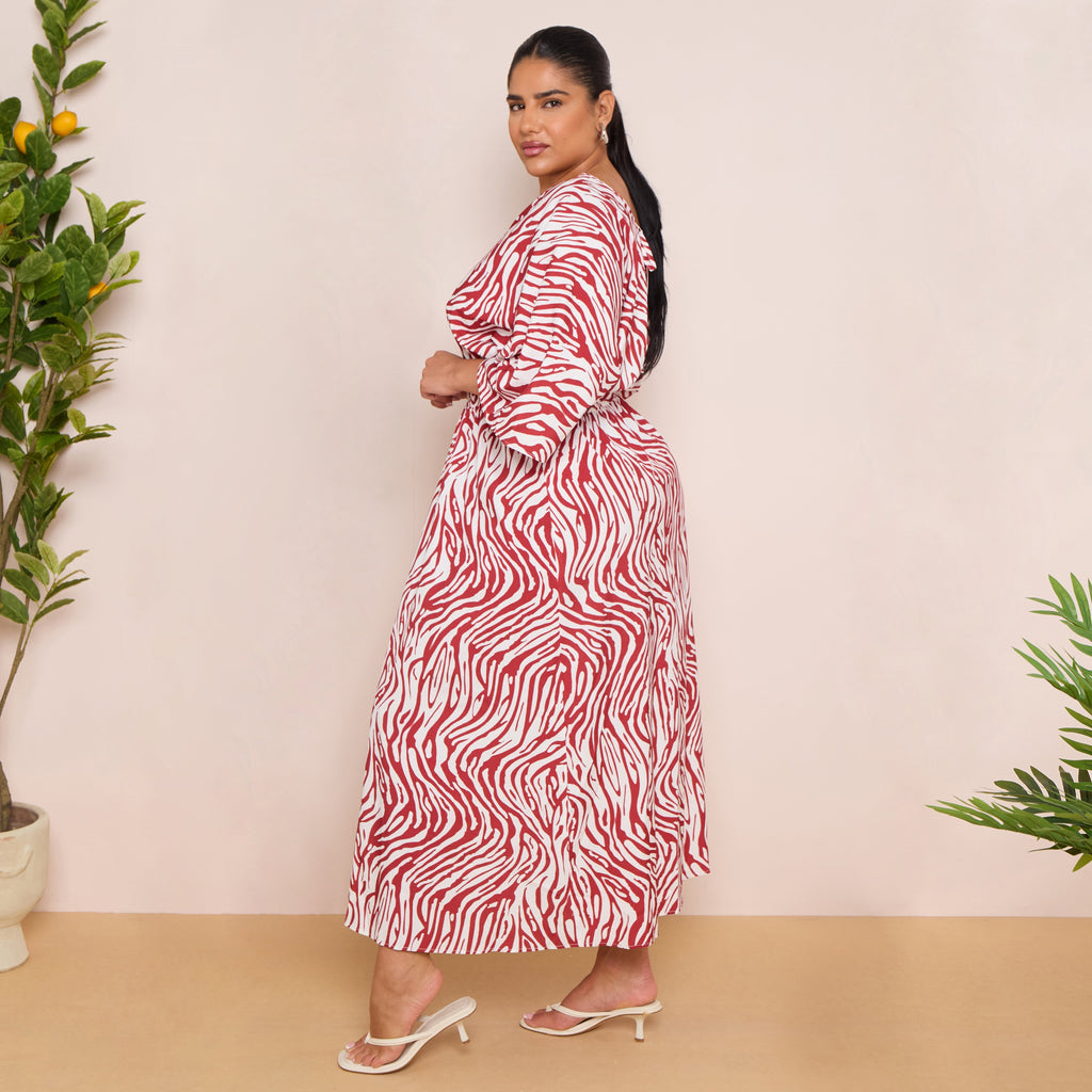 Long Sleeve Tie Back Maxi Dress in Burgundy Print