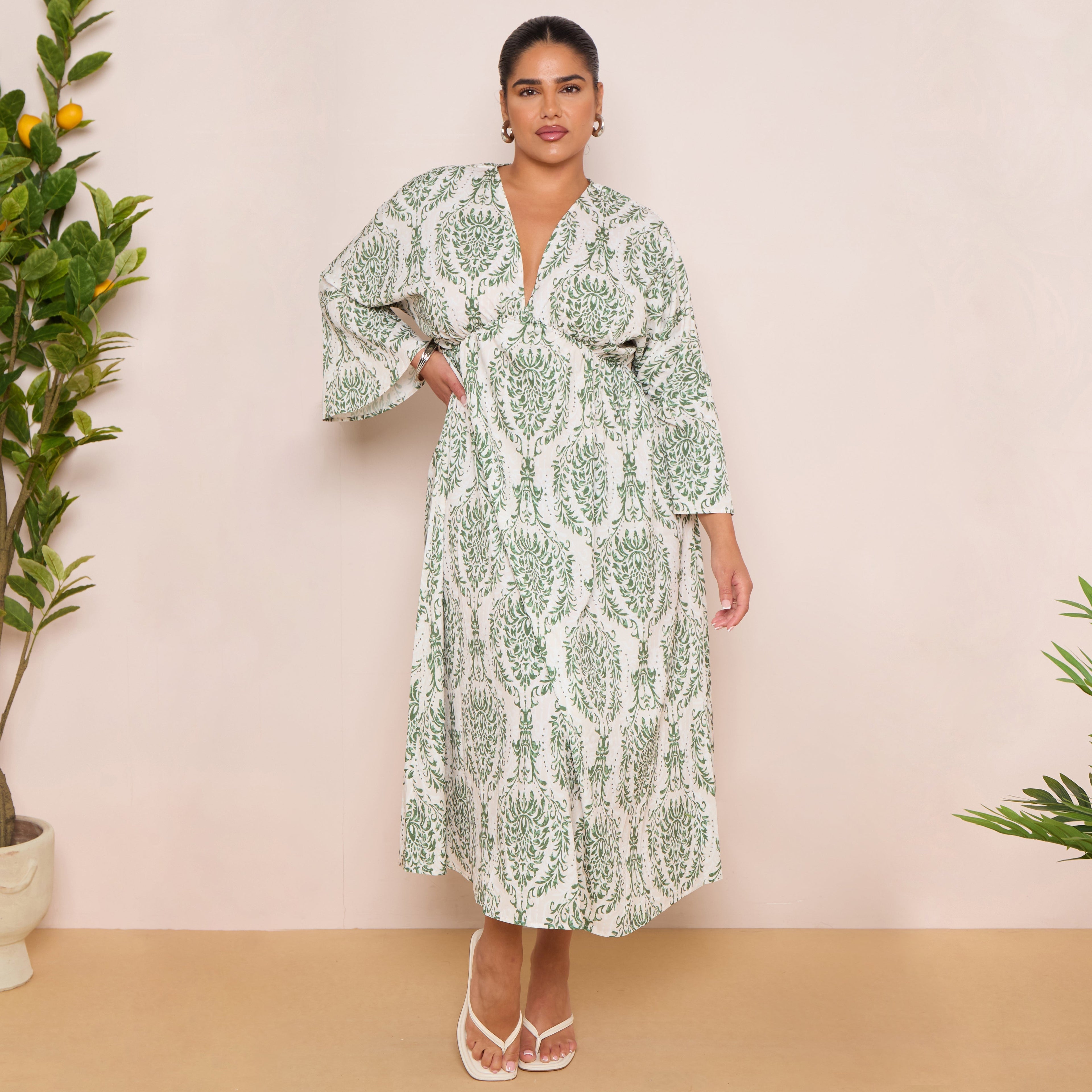 Long Sleeve Swing Maxi Dress in Leaf Print