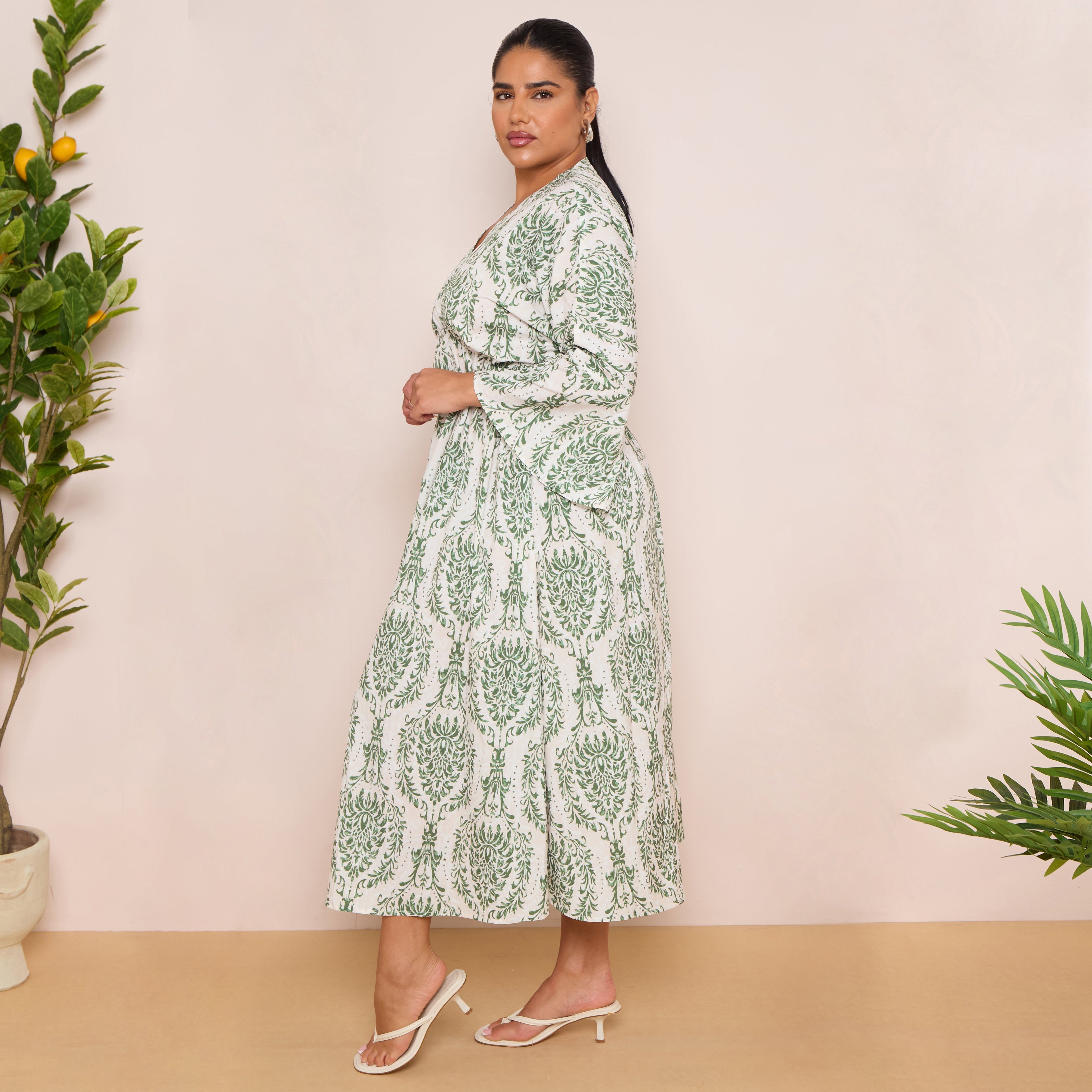Long Sleeve Swing Maxi Dress in Leaf Print