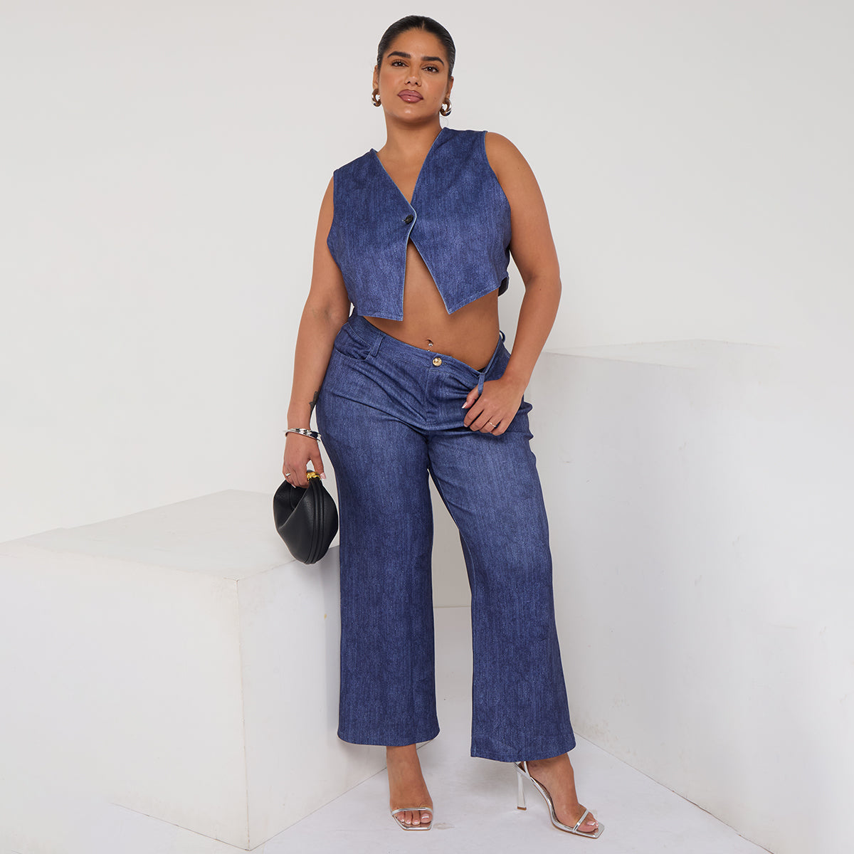 Dark Blue High-Waisted Light Wash Wide-Leg Denim Pants