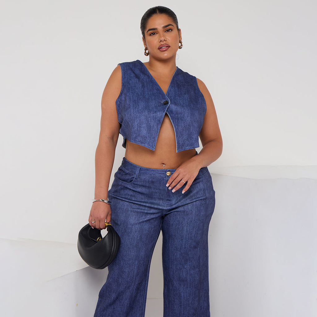 Dark Blue High-Waisted Light Wash Wide-Leg Denim Pants