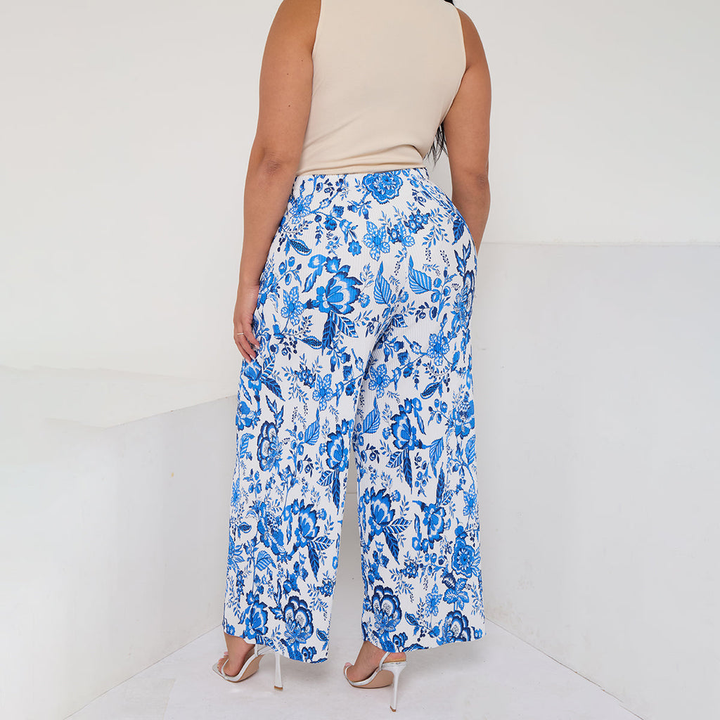 Chic Pleated Pants with Indigo Botanical Print  Palazzo Pants