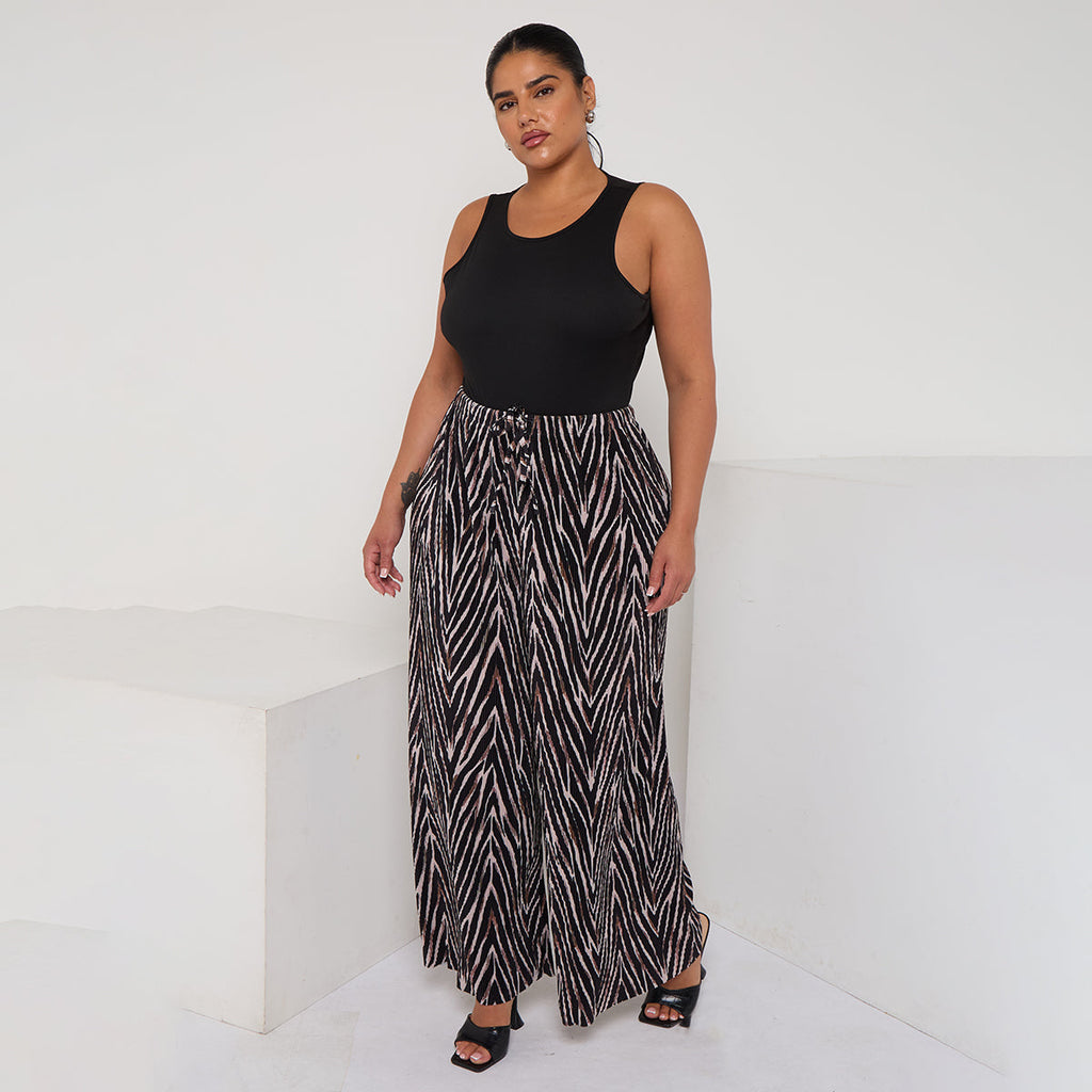 Brown Zebra Abstract Print Wide-Leg Drawstring Palazzo Pleated Pants