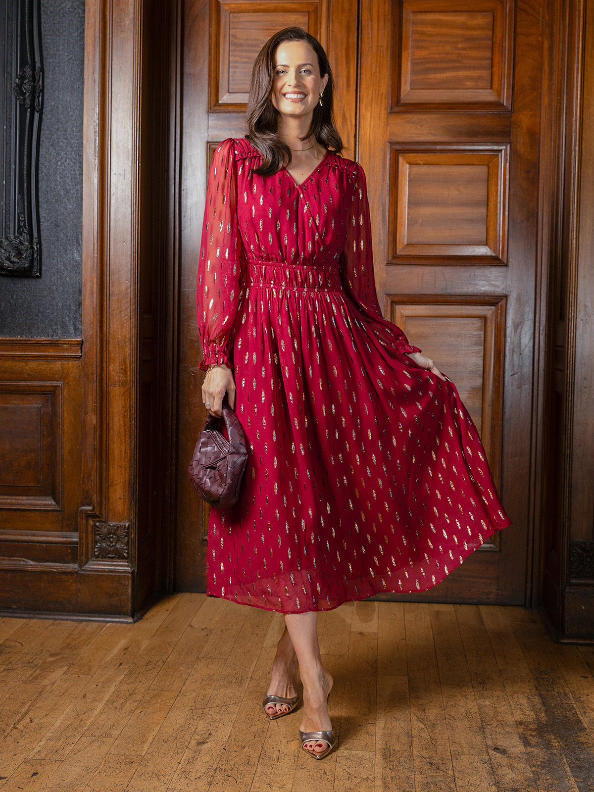 Valerie Lurex Dress - Burgundy and Bronze / Silver