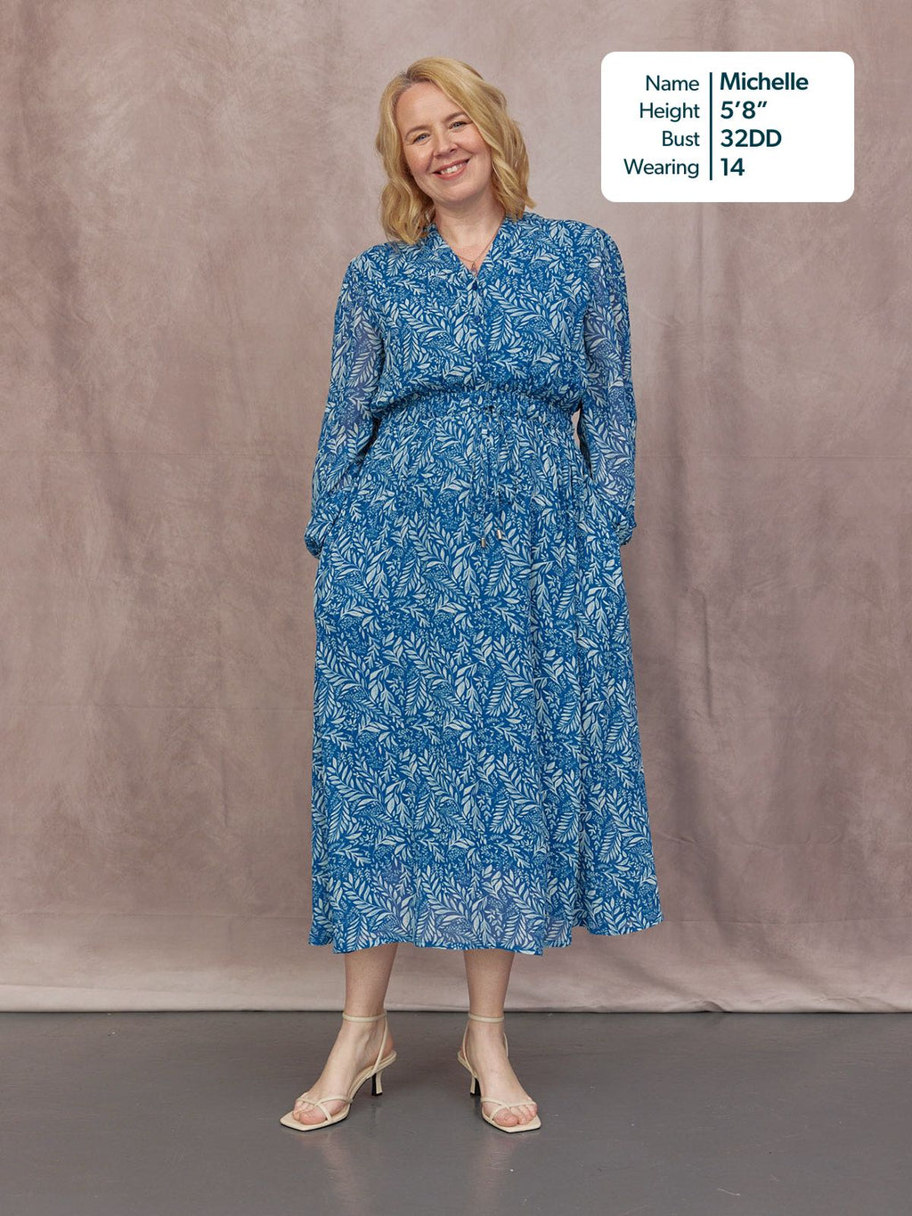 Vic Georgette Tie Waist Dress - Blue & Ecru Leaf Print