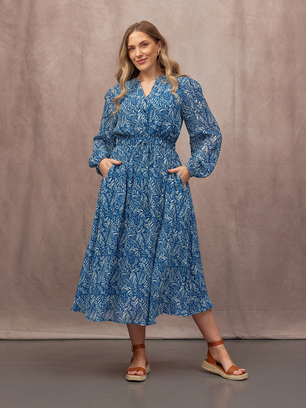 Vic Georgette Tie Waist Dress - Blue & Ecru Leaf Print