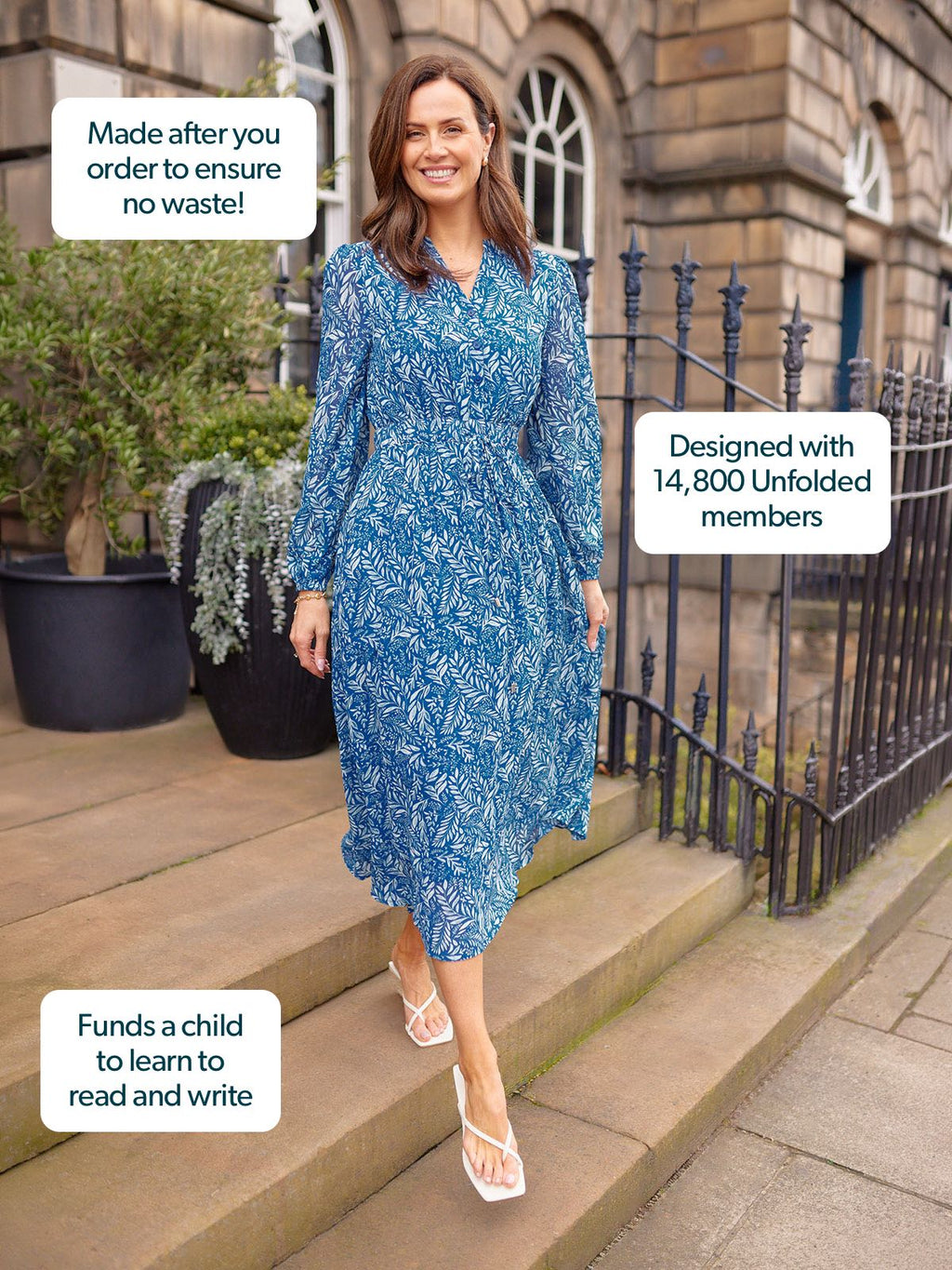 Vic Georgette Tie Waist Dress - Blue & Ecru Leaf Print