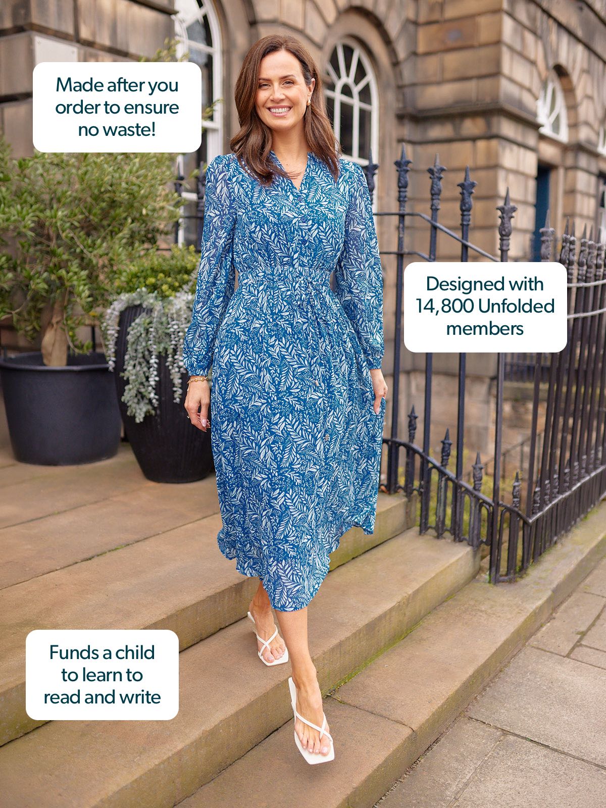 Vic Georgette Tie Waist Dress - Blue & Ecru Leaf Print