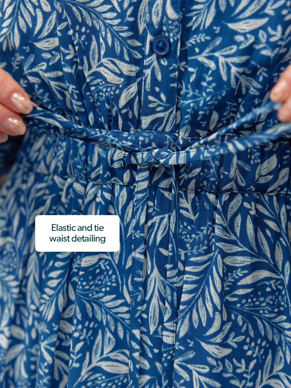 Vic Georgette Tie Waist Dress - Blue & Ecru Leaf Print