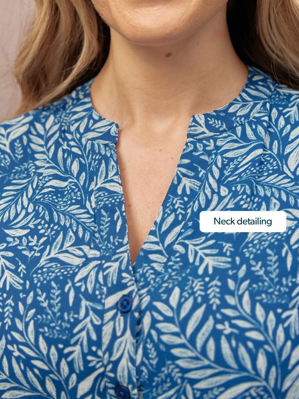 Vic Georgette Tie Waist Dress - Blue & Ecru Leaf Print