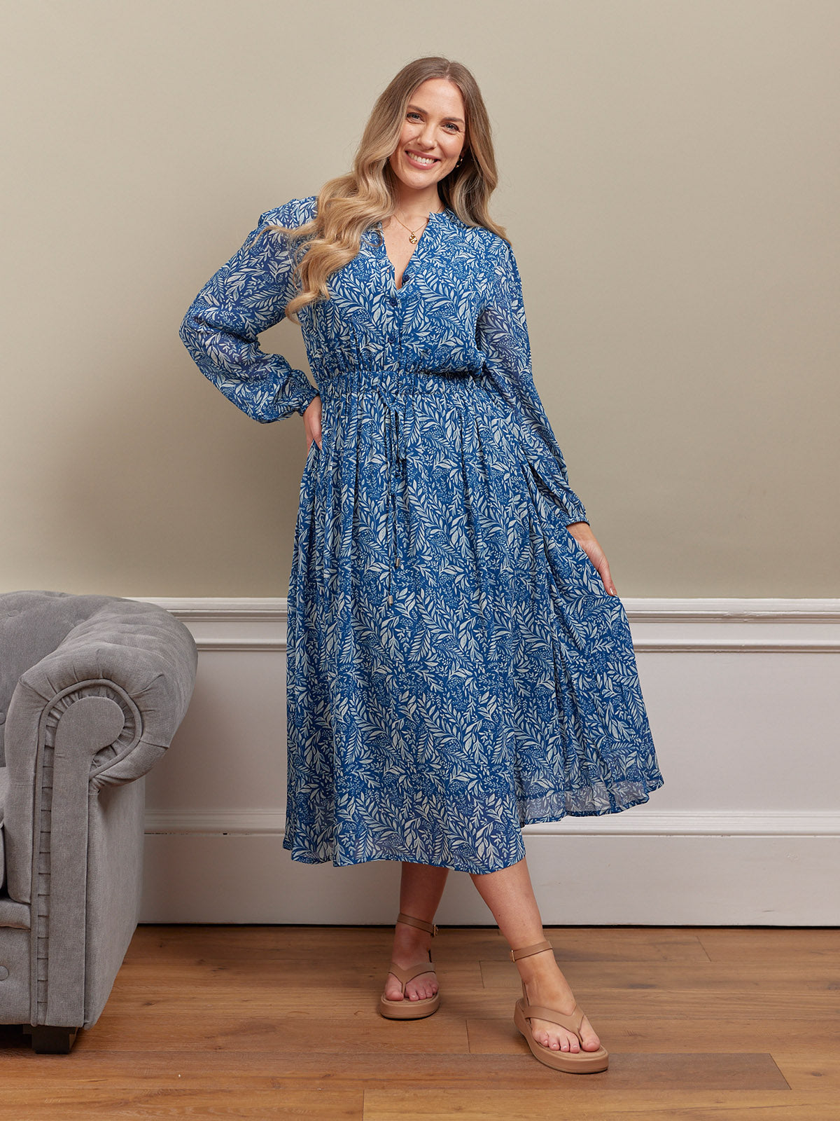 Vic Georgette Tie Waist Dress - Blue & Ecru Leaf Print