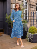 Vic Georgette Tie Waist Dress - Blue & Ecru Leaf Print
