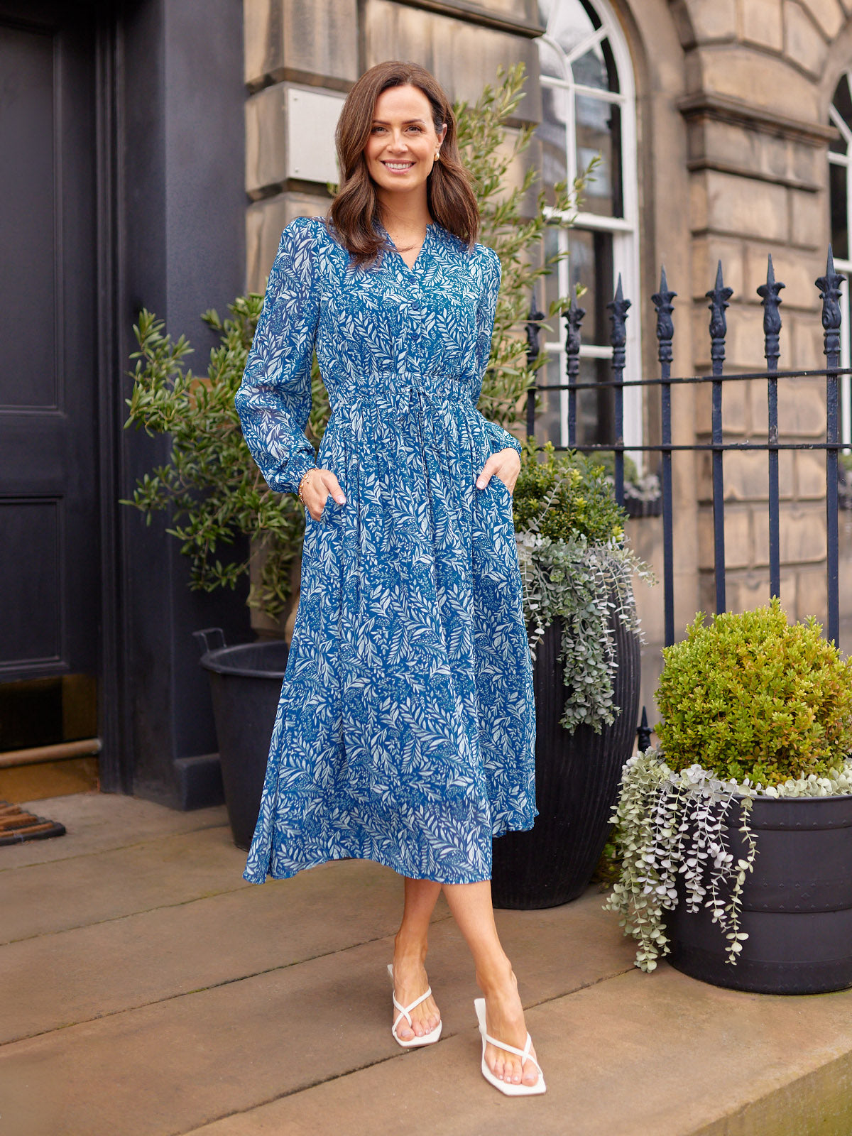 Vic Georgette Tie Waist Dress - Blue & Ecru Leaf Print