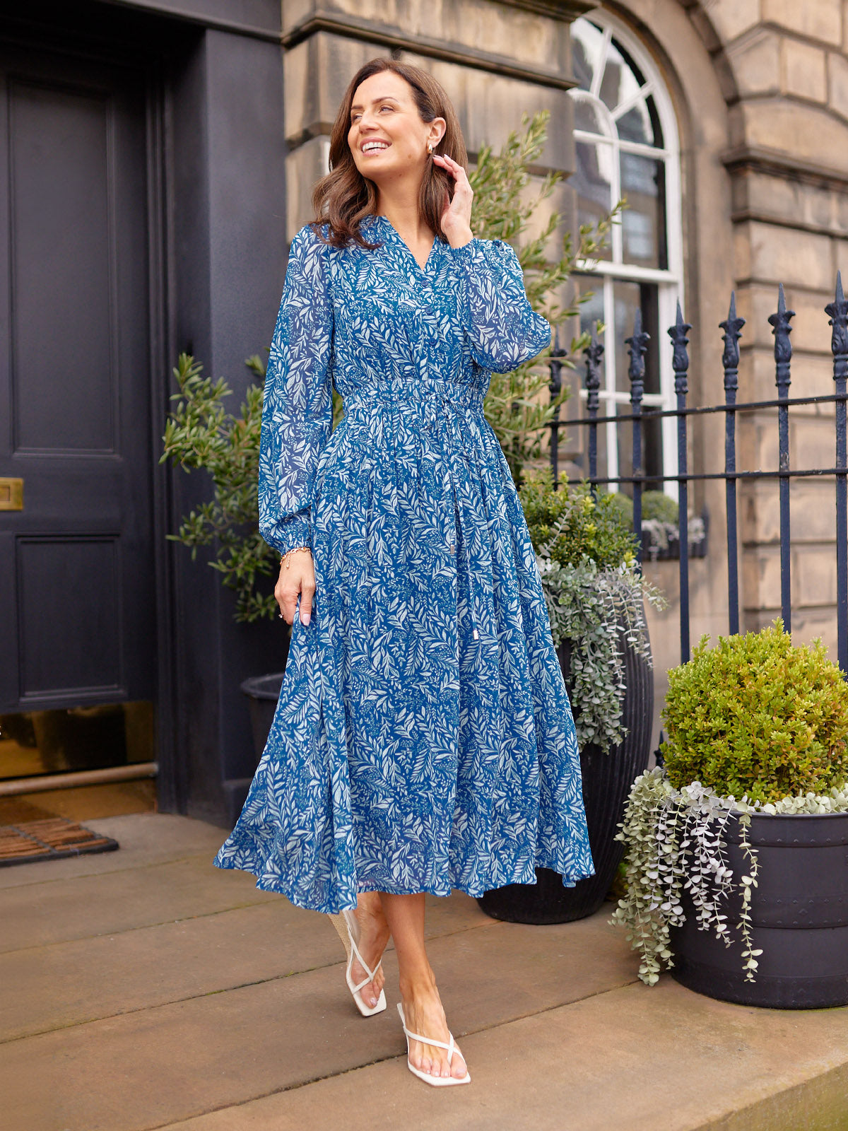 Vic Georgette Tie Waist Dress - Blue & Ecru Leaf Print