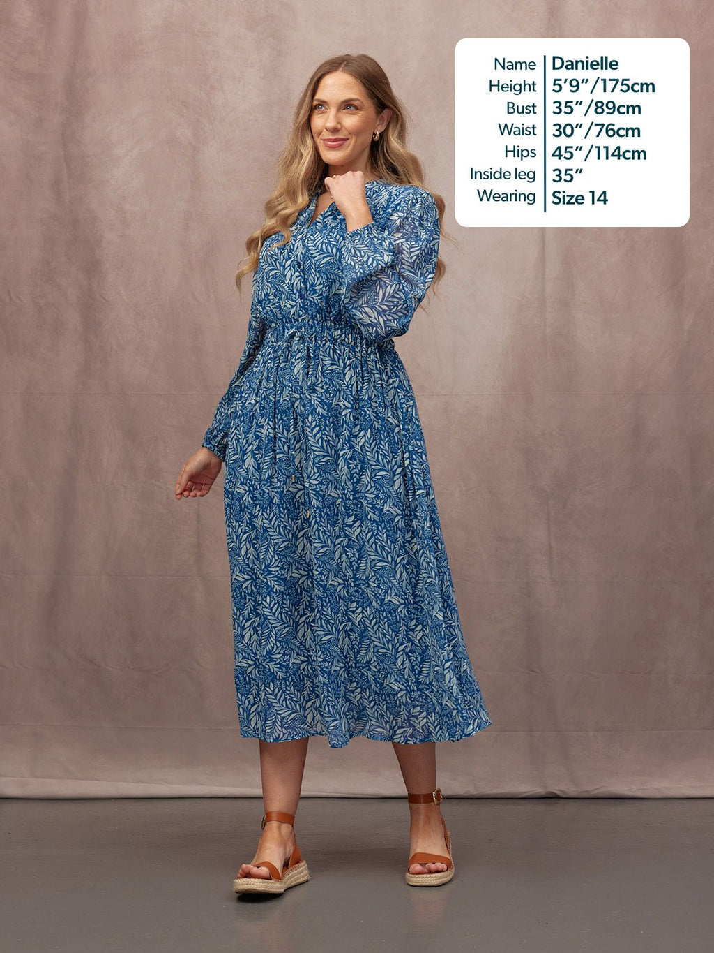 Vic Georgette Tie Waist Dress - Blue & Ecru Leaf Print