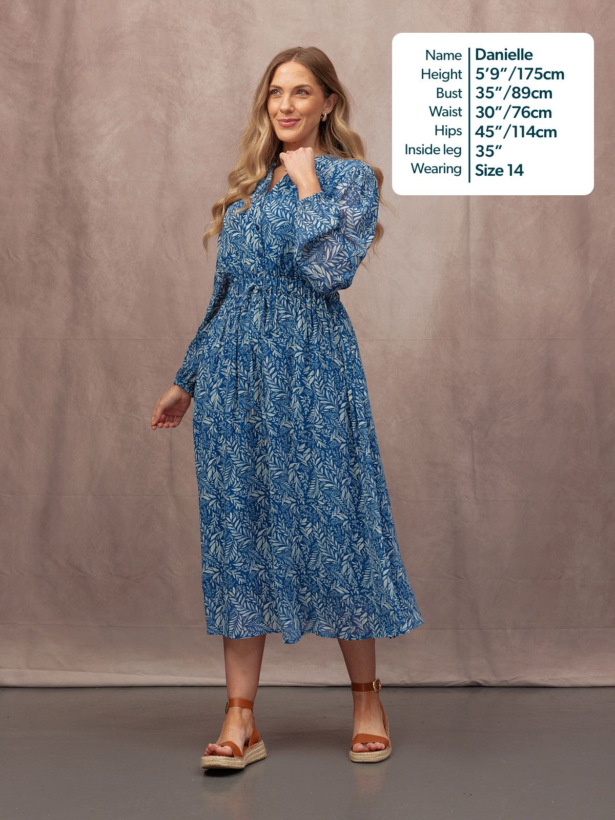 Vic Georgette Tie Waist Dress - Blue & Ecru Leaf Print