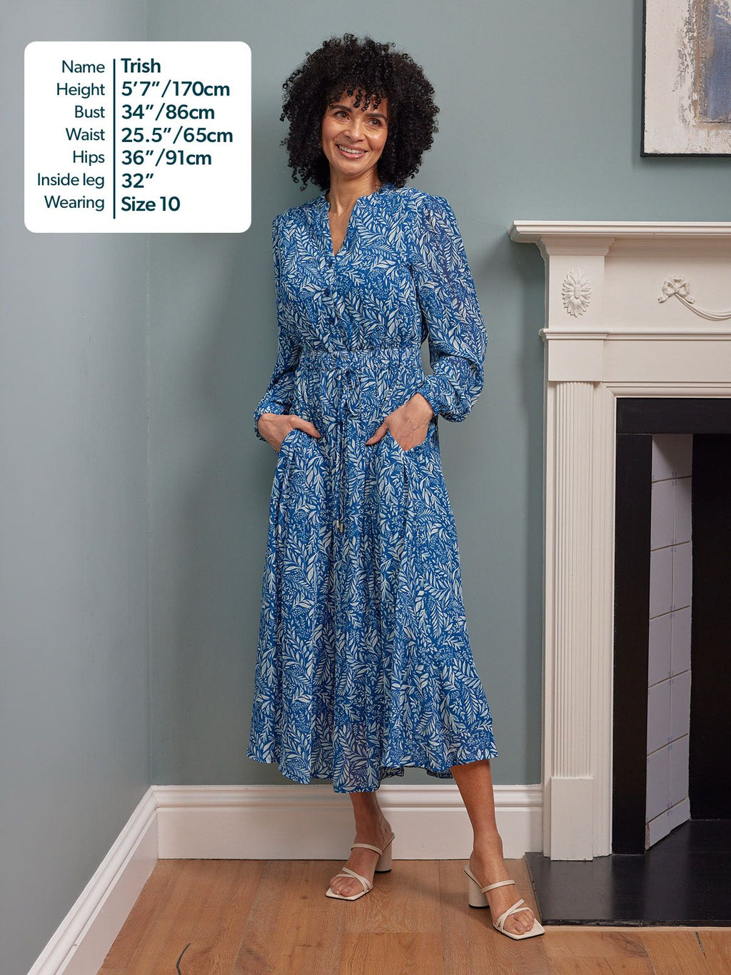 Vic Georgette Tie Waist Dress - Blue & Ecru Leaf Print