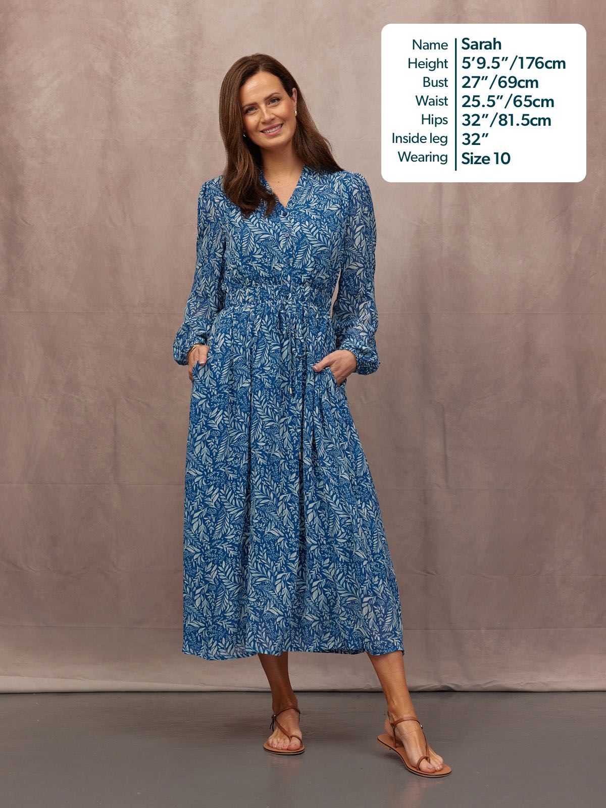 Vic Georgette Tie Waist Dress - Blue & Ecru Leaf Print