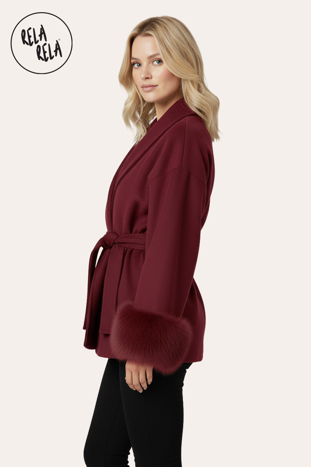 Faux Fur Cuff Wrap Coat with Waist Tie Belt in Burgundy