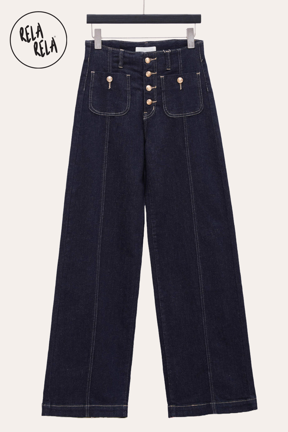 Stretchy Wide Leg Seamed Jeans with Button Details in Rinse Blue