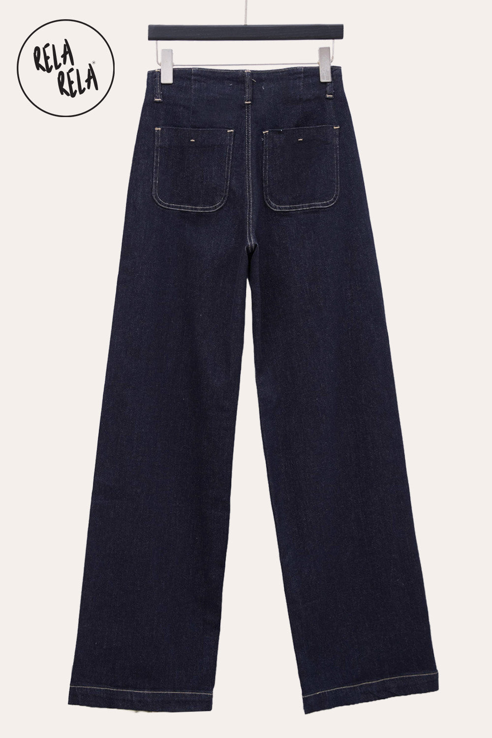 Stretchy Wide Leg Seamed Jeans with Button Details in Rinse Blue
