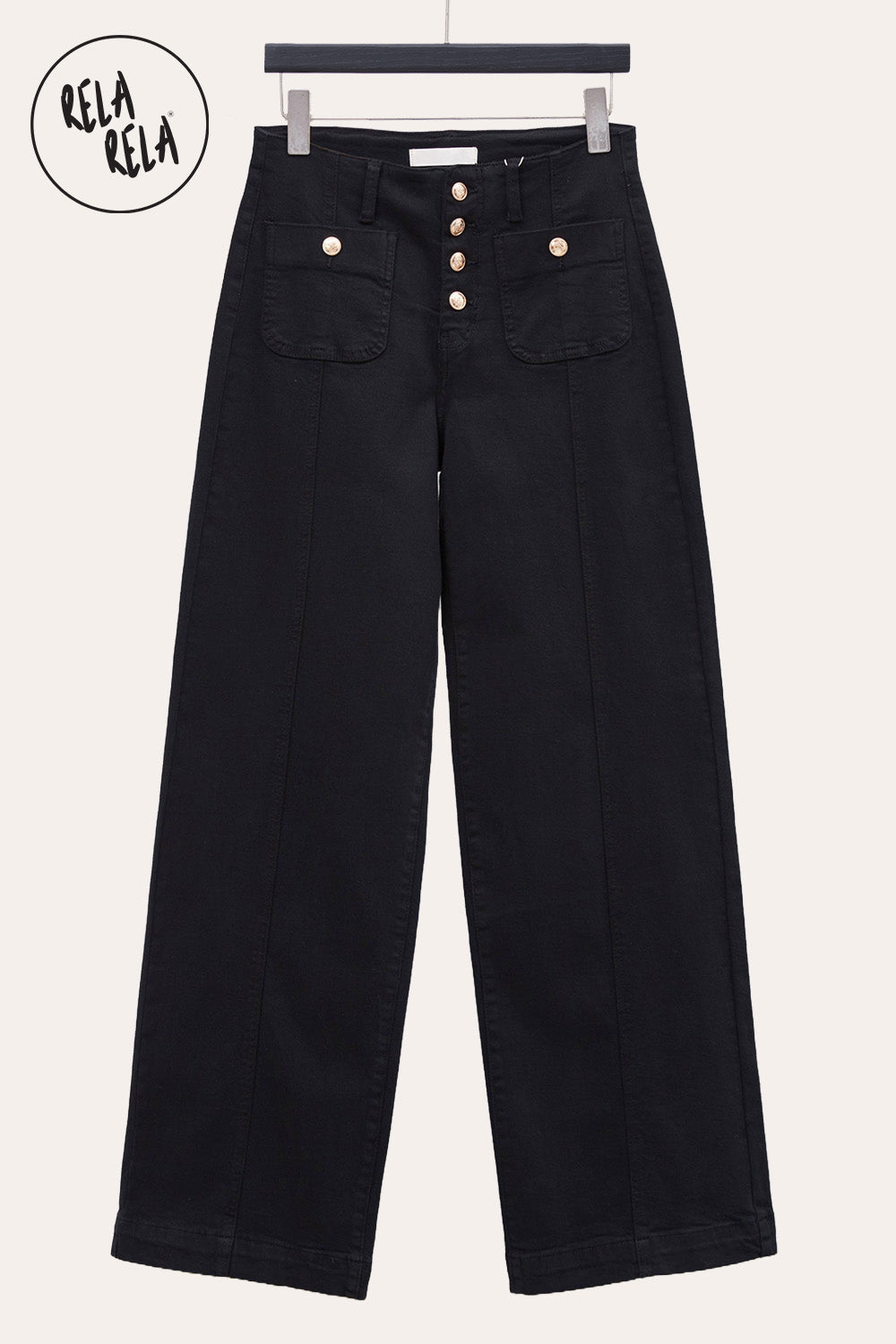 Stretchy Wide Leg Seamed Jeans with Button Details in Black