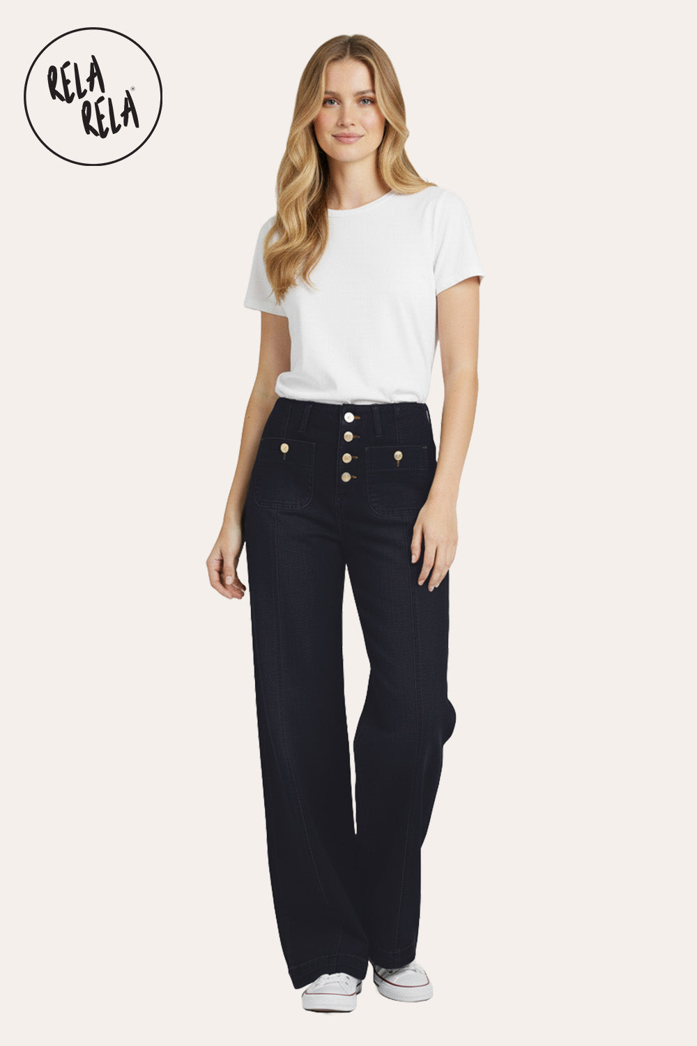 Stretchy Wide Leg Seamed Jeans with Button Details in Black