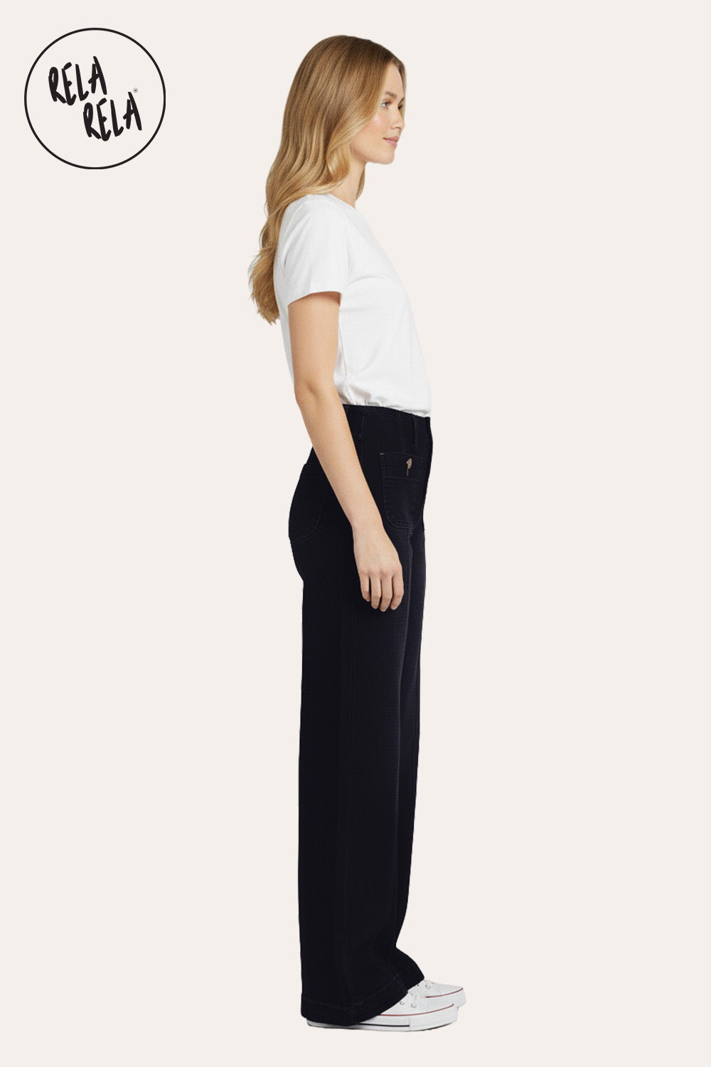 Stretchy Wide Leg Seamed Jeans with Button Details in Black