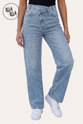 Stretchy Asymmetric Cross Front High Waist Wide Leg Jeans in Blue